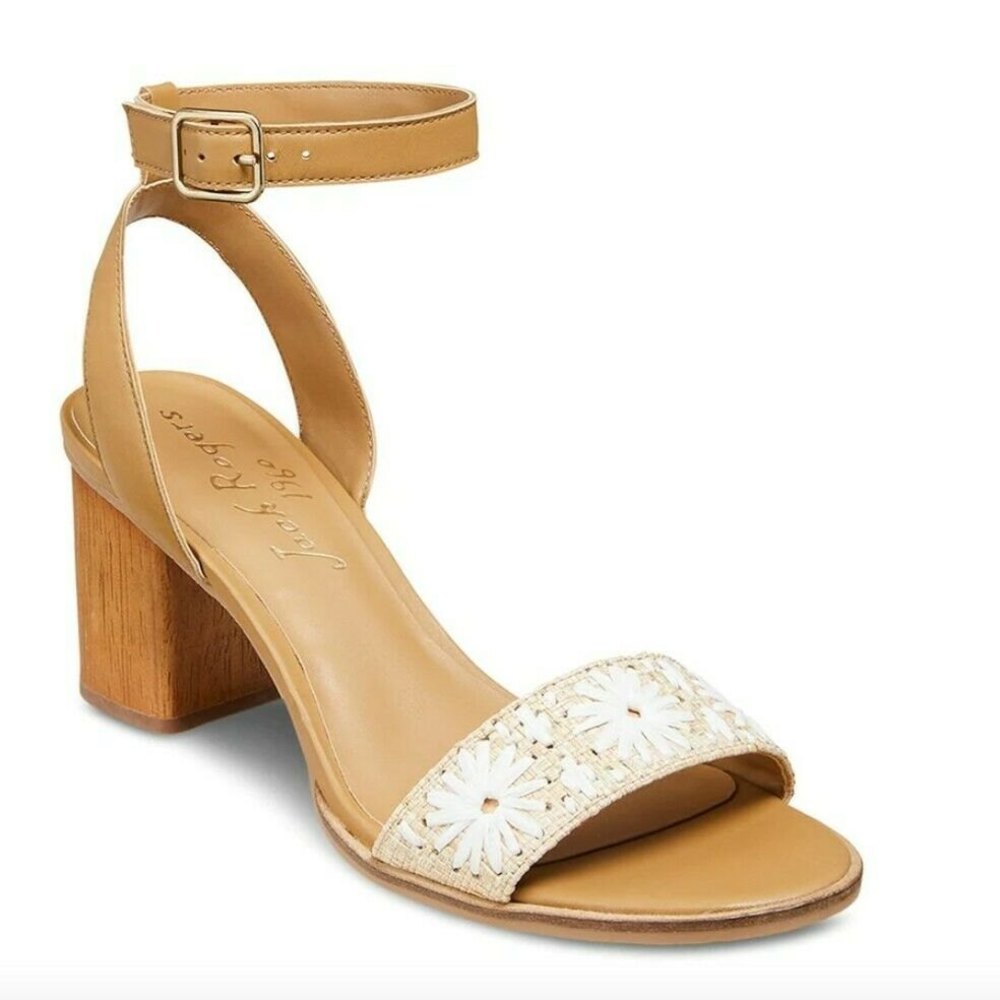 NWOB Jack Rogers Nude Rattan Woven Bettina Wood Block Heels Size 6 Ankle Strap